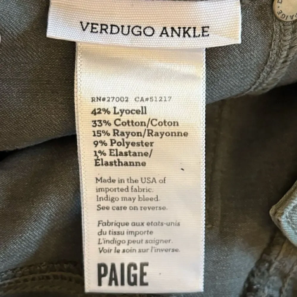 NWT Paige Verdugo Skinny Green Jeans Ankle Size 28